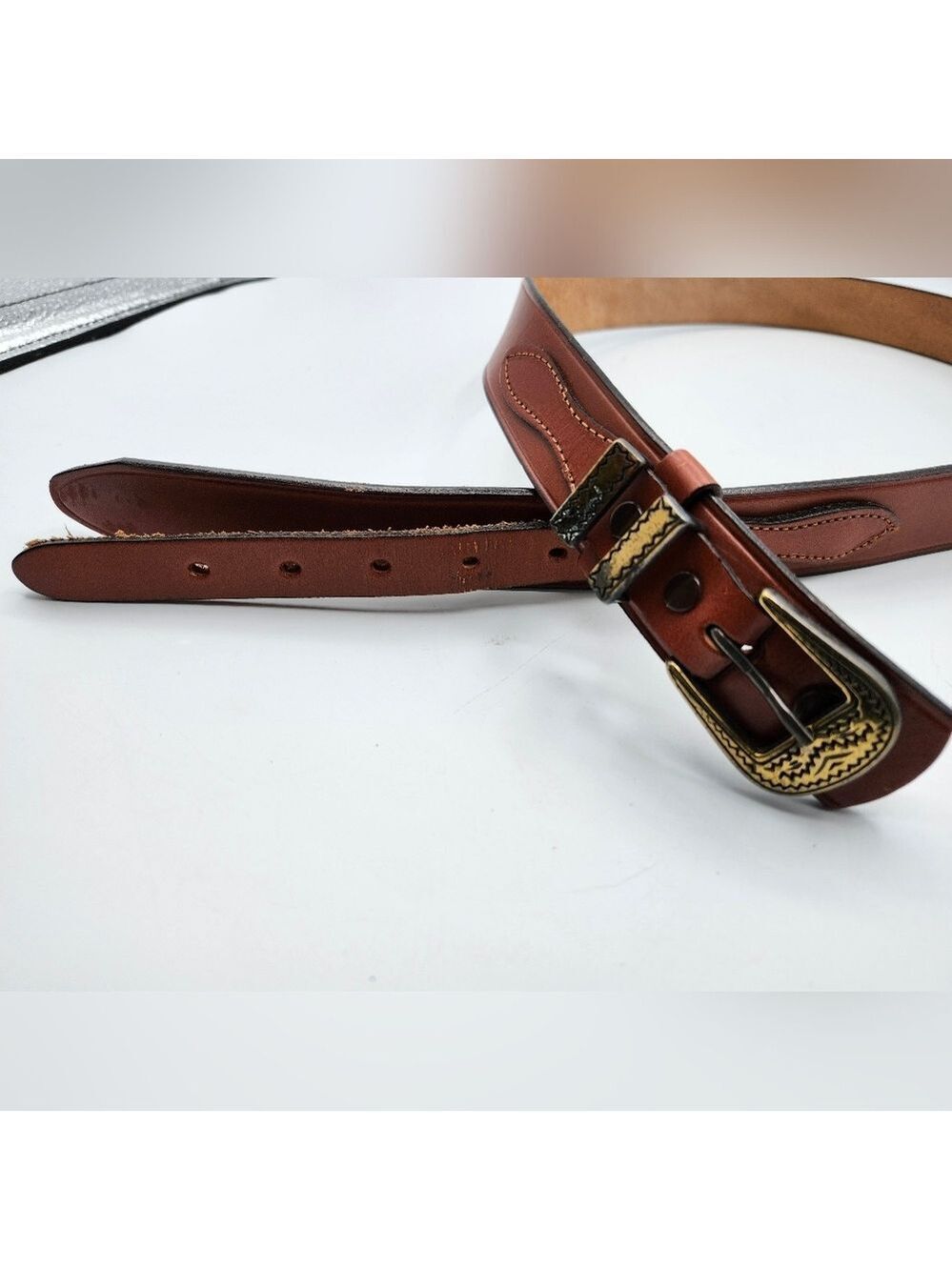 Ranger Brown Leather Belt with Fancy Gold Buckle - Picture 3 of 8
